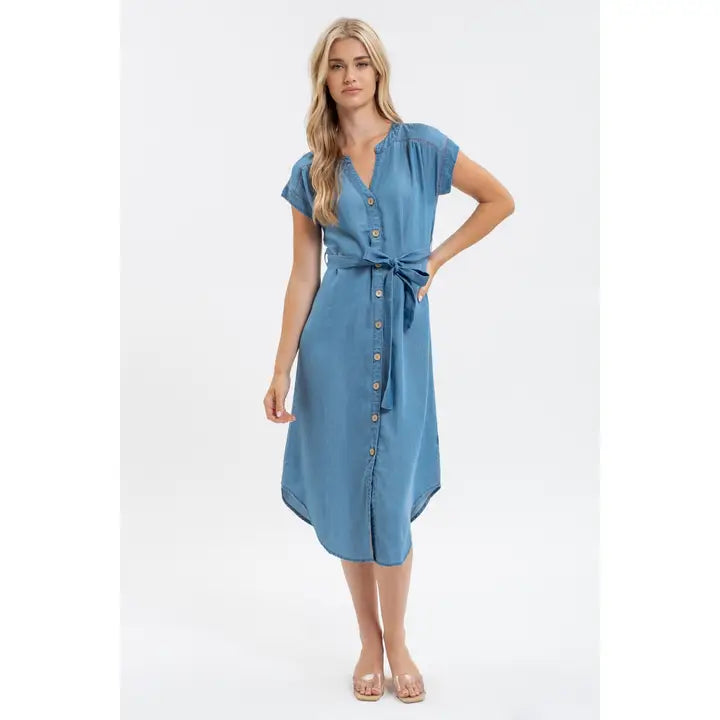 Chambray Button Down Belted Midi Dress