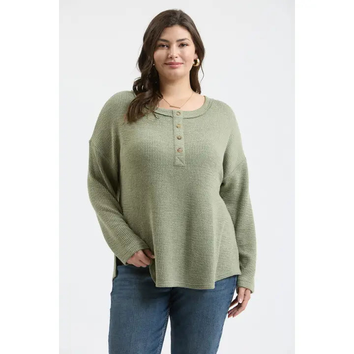 Waffle Knit Henley Long Sleeve Knit Top