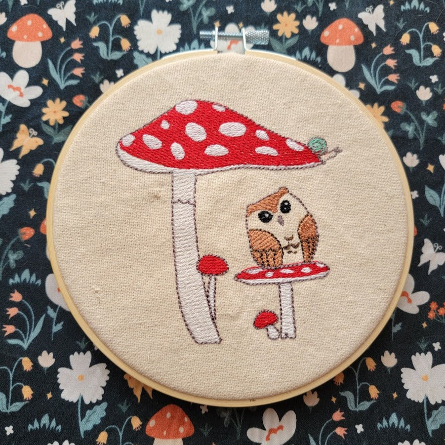 Owl and Mushrooms Hooped Embroidery Art