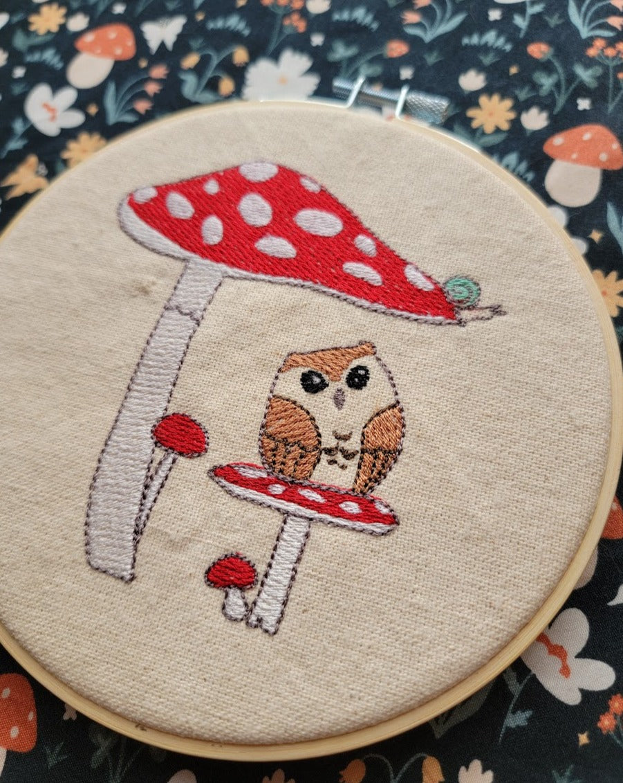 Owl and Mushrooms Hooped Embroidery Art