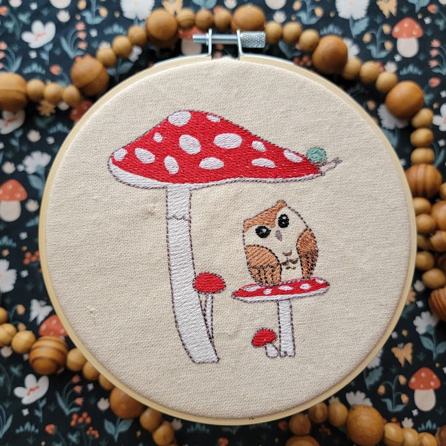 Owl and Mushrooms Hooped Embroidery Art