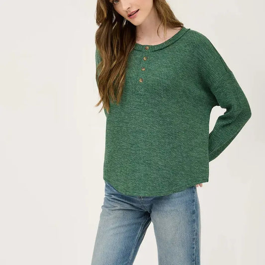 Waffle Knit Henley Long Sleeve Knit Top